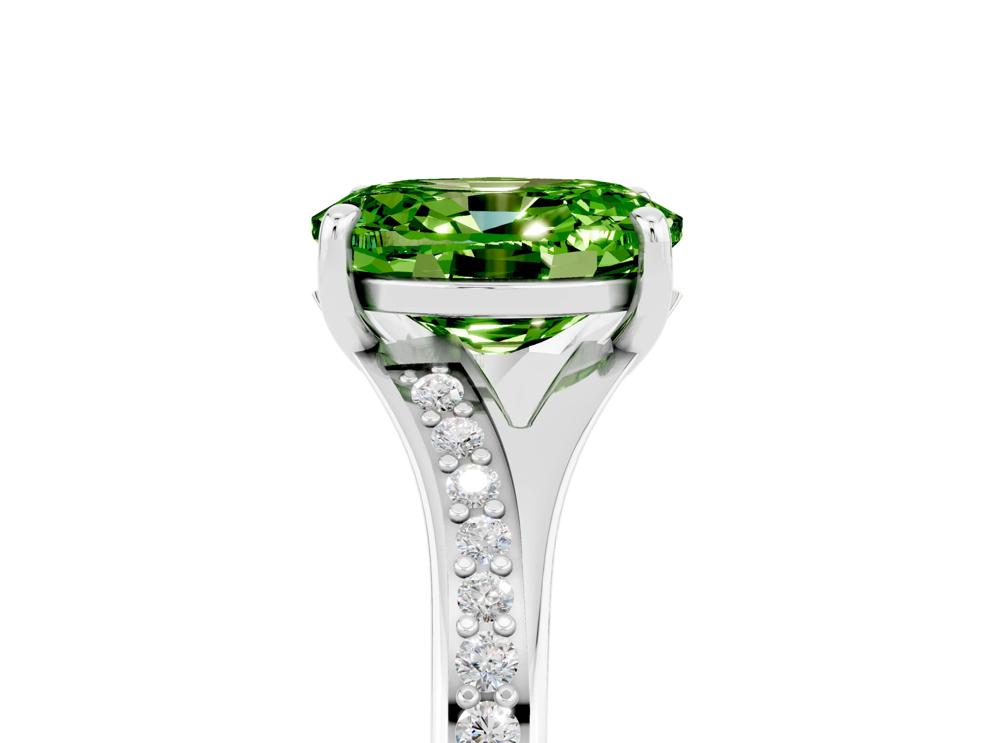 White gold Oval Cut Peridot Solitaire Ring with Pavé Band and Prong Setting_5