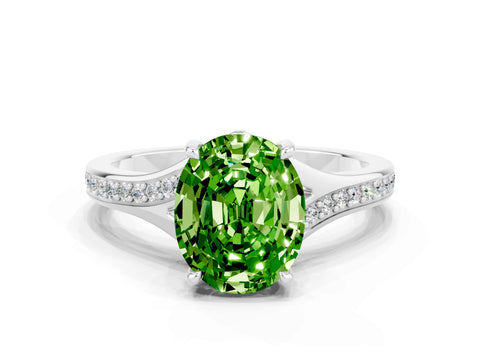 White gold Oval Cut Peridot Solitaire Ring with Pavé Band and Prong Setting