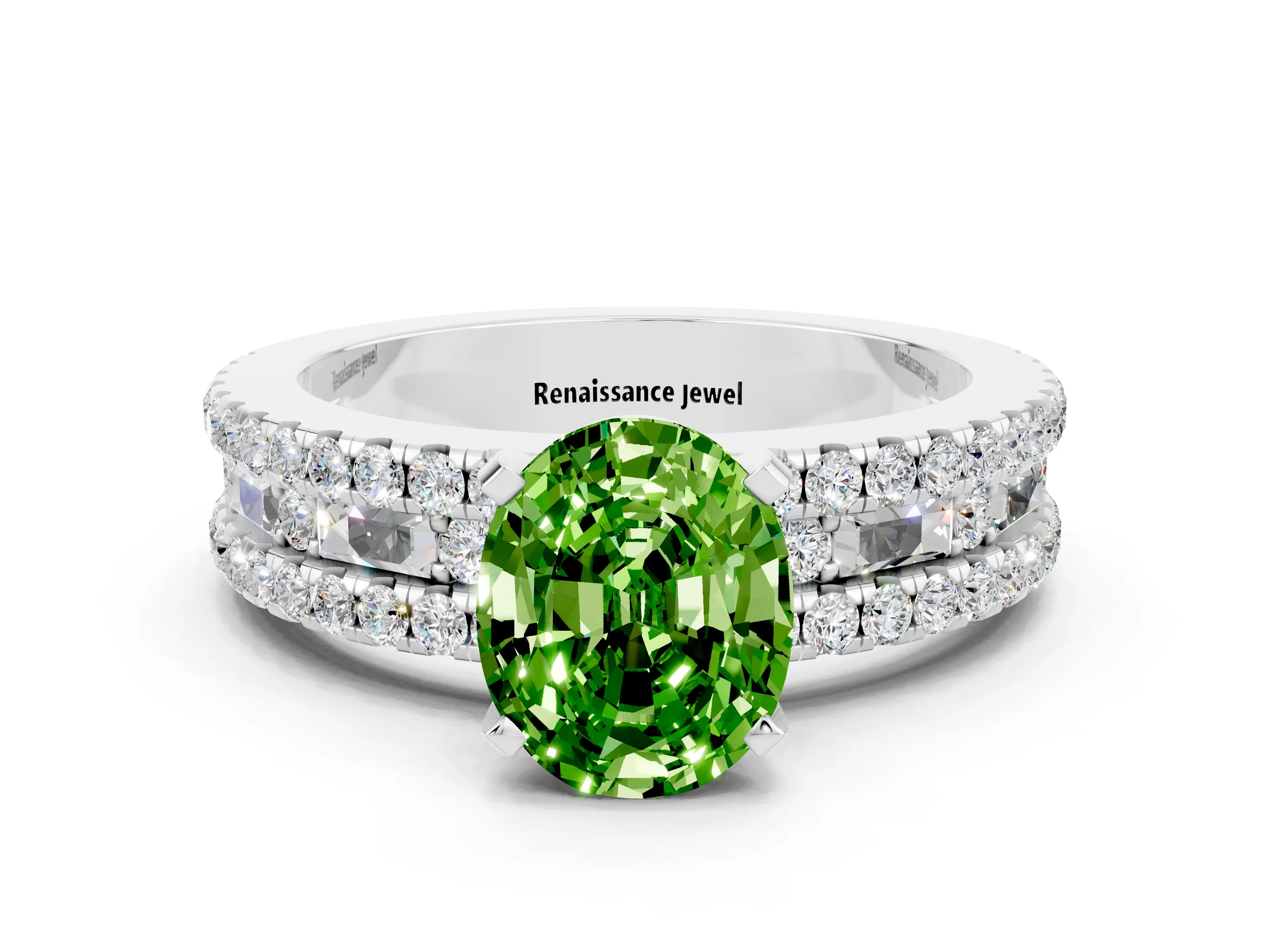 White gold Oval Cut Peridot Solitaire Ring with Pavé and Channel Set Band