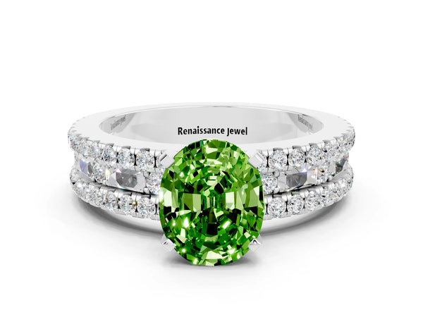 Platinum Oval Cut Peridot Solitaire Ring with Pavé and Channel Set Band