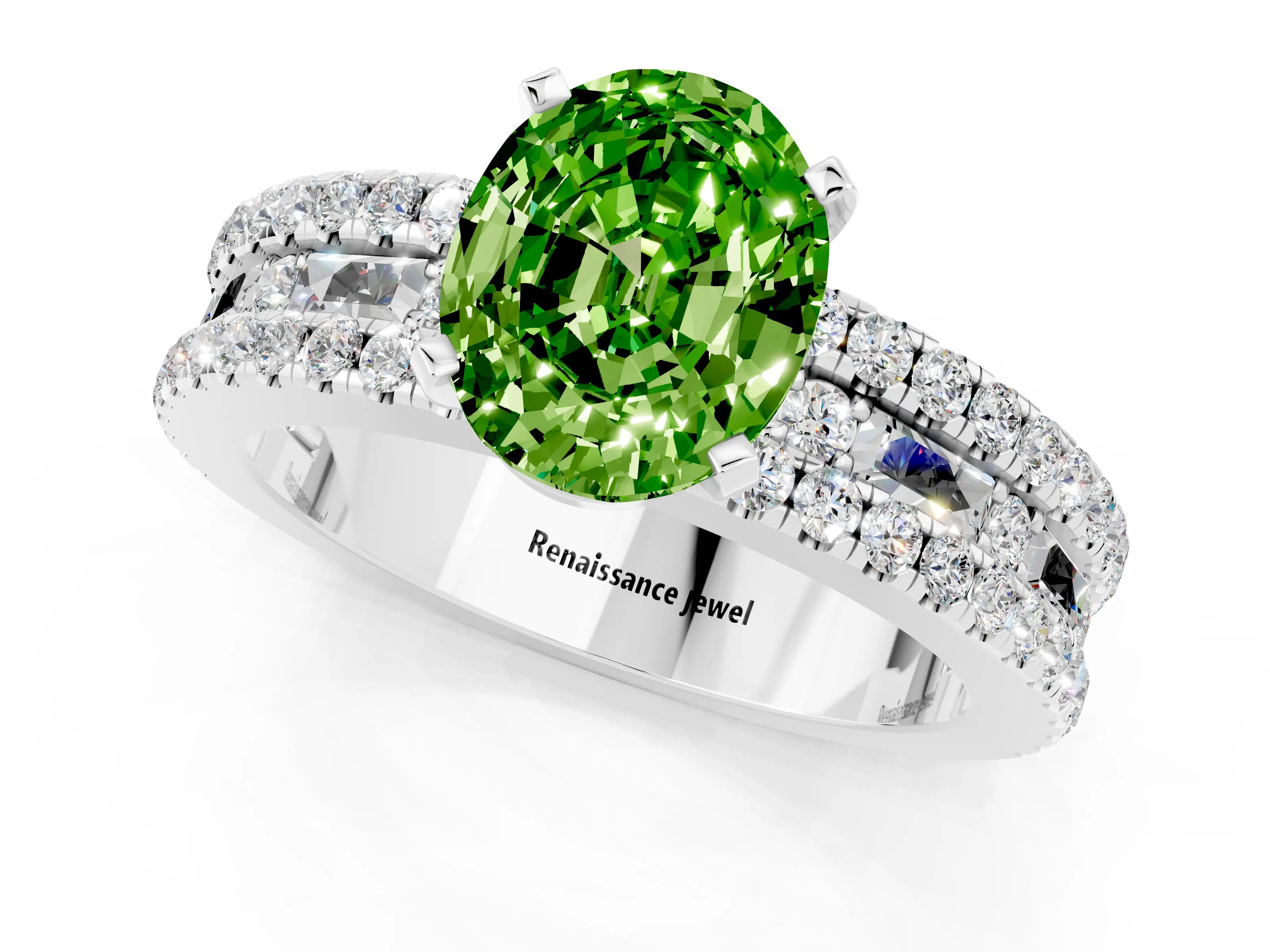 White gold Oval Cut Peridot Solitaire Ring with Pavé and Channel Set Band_1