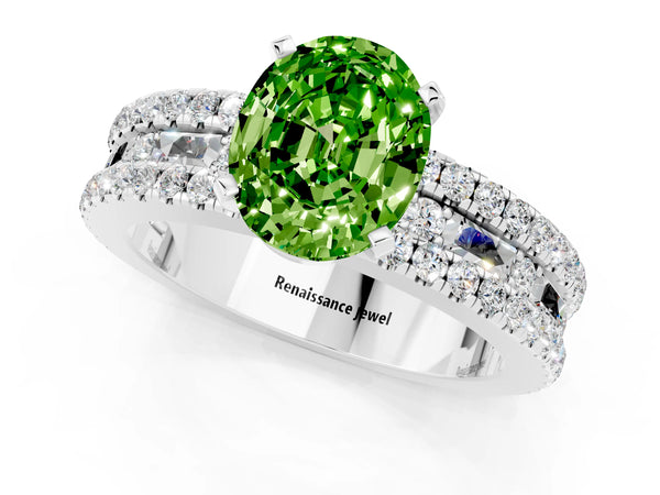 White gold Oval Cut Peridot Solitaire Ring with Pavé and Channel Set Band