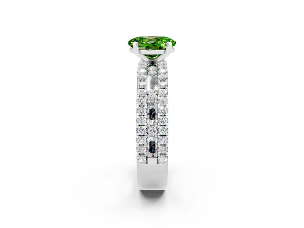 Platinum Oval Cut Peridot Solitaire Ring with Pavé and Channel Set Band