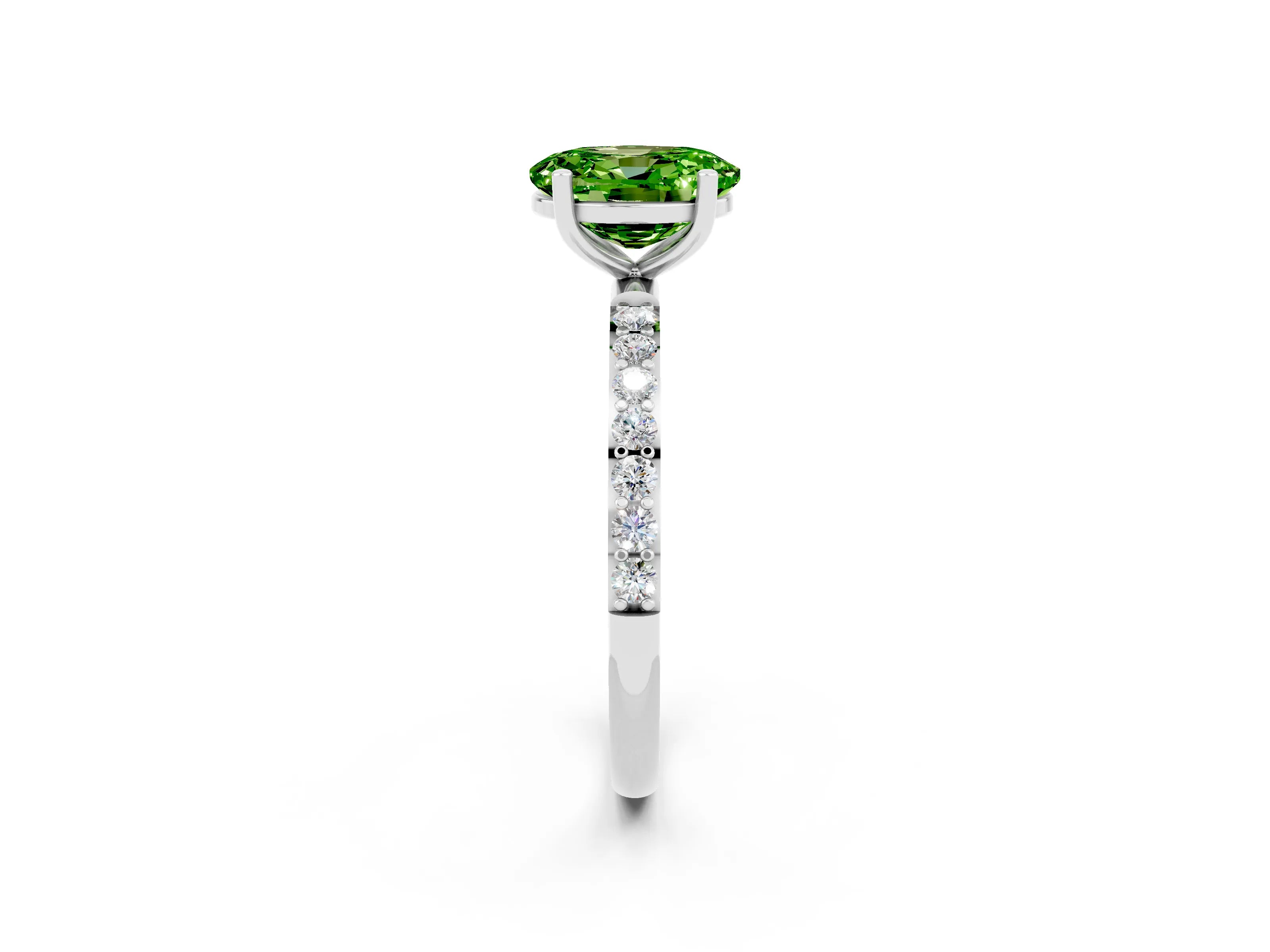 White gold Oval Cut Peridot Solitaire Ring with Pave Band and Four Prong Setting_14
