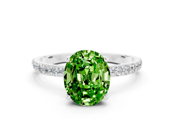 Silver Oval Cut Peridot Solitaire Ring with Round  Pavé Band and Prong Setting