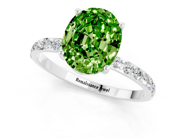 Platinum Oval Cut Peridot Solitaire Ring with Round  Pavé Band and Prong Setting