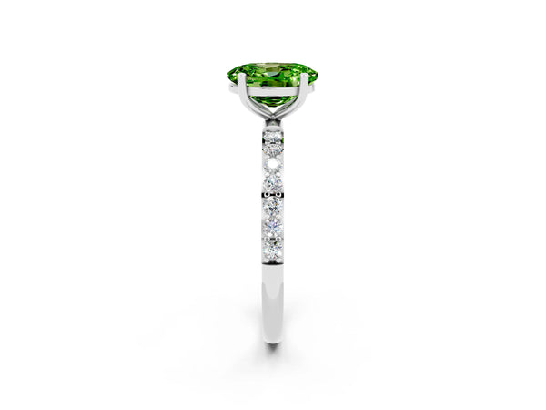 Platinum Oval Cut Peridot Solitaire Ring with Round  Pavé Band and Prong Setting