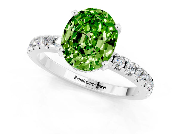 White gold Oval Cut Peridot Solitaire Ring with Round  Pavé Band and Four-Prong Setting