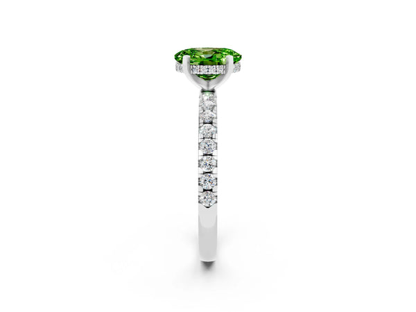 White gold Oval Cut Peridot Solitaire Ring with Round  Pavé Band and Four-Prong Setting