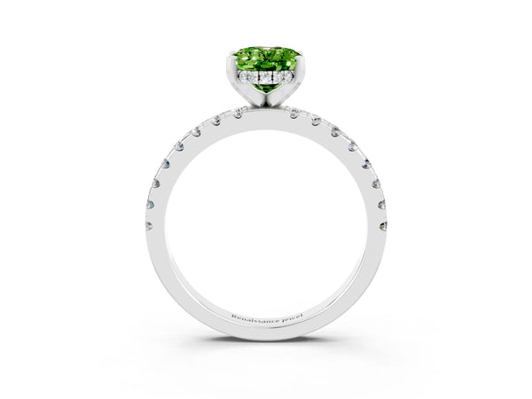 White gold Oval Cut Peridot Solitaire Ring with Round  Pavé Band and Four-Prong Setting