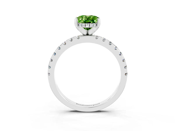 White gold Oval Cut Peridot Solitaire Ring with Round Pavé Band and Four-Prong Setting