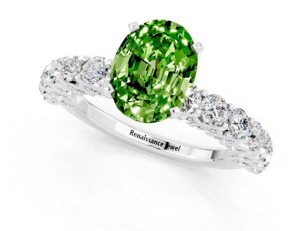 Platinum Oval Cut Peridot Solitaire Ring with Shared Prong Pavé Band and Four-Prong Setting