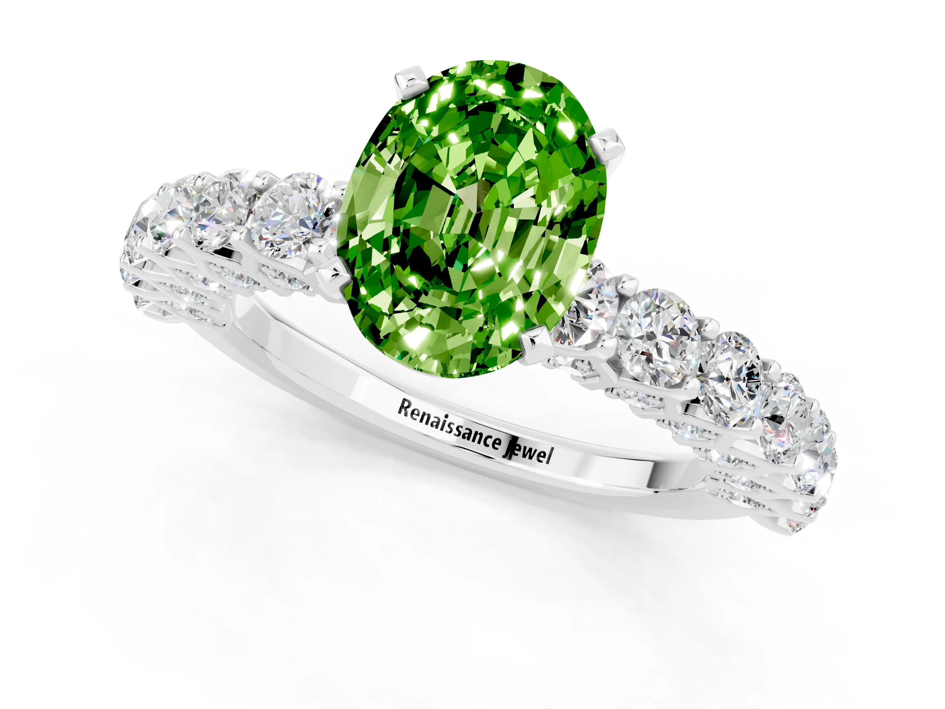 White gold Oval Cut Peridot Solitaire Ring with Shared Prong Pavé Band and Four-Prong Setting_1