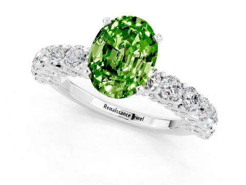 White gold Oval Cut Peridot Solitaire Ring with Shared Prong Pavé Band and Four-Prong Setting_1