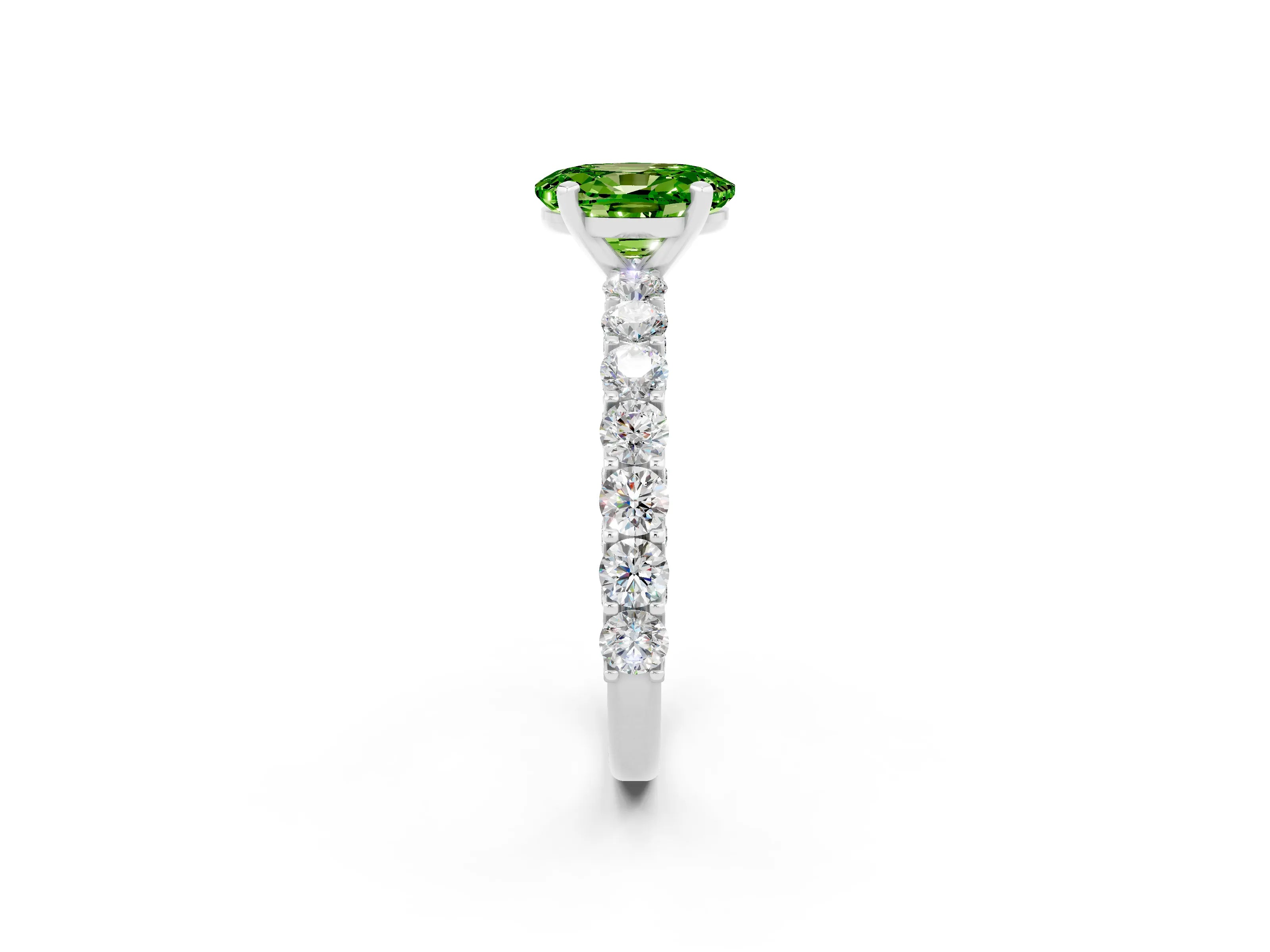 White gold Oval Cut Peridot Solitaire Ring with Shared Prong Pavé Band and Four-Prong Setting_2