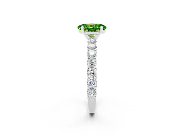 Platinum Oval Cut Peridot Solitaire Ring with Shared Prong Pavé Band and Four-Prong Setting