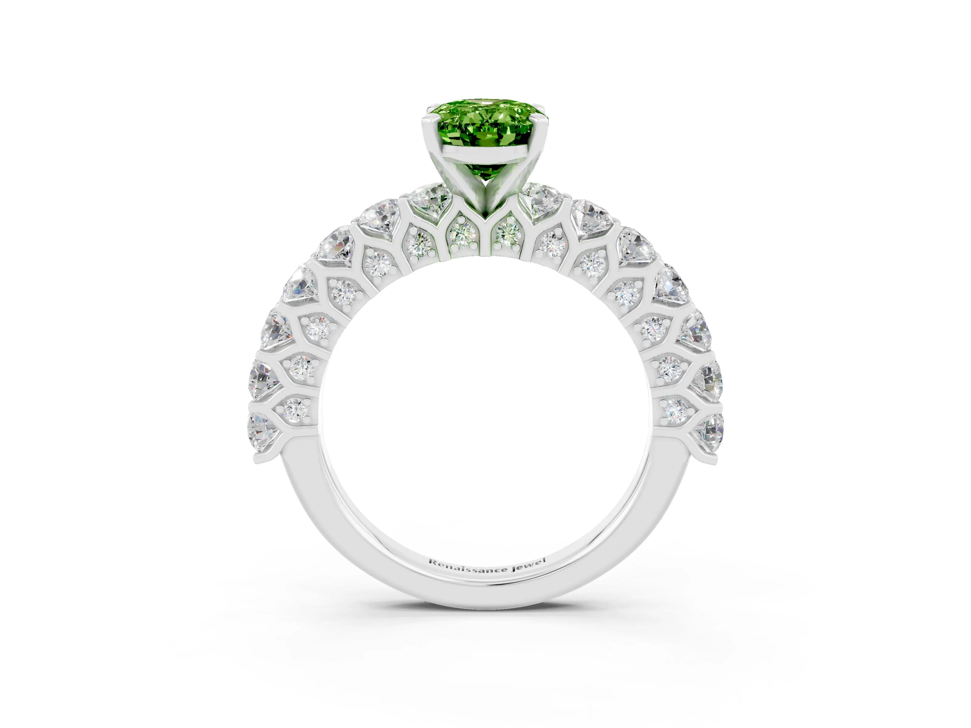 White gold Oval Cut Peridot Solitaire Ring with Shared Prong Pavé Band and Four-Prong Setting_3