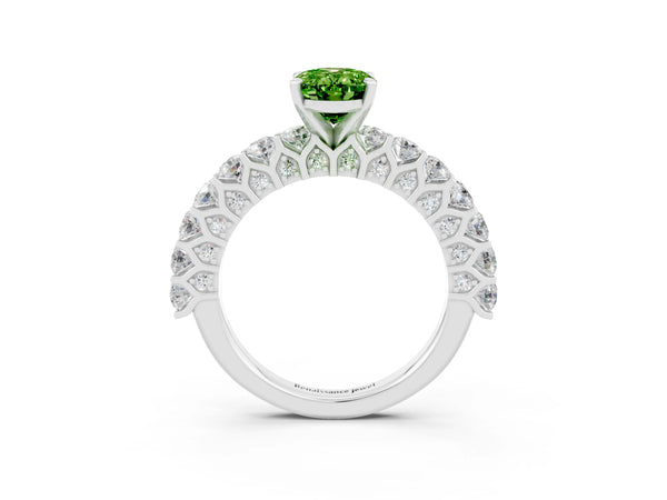 White gold Oval Cut Peridot Solitaire Ring with Shared Prong Pavé Band and Four-Prong Setting