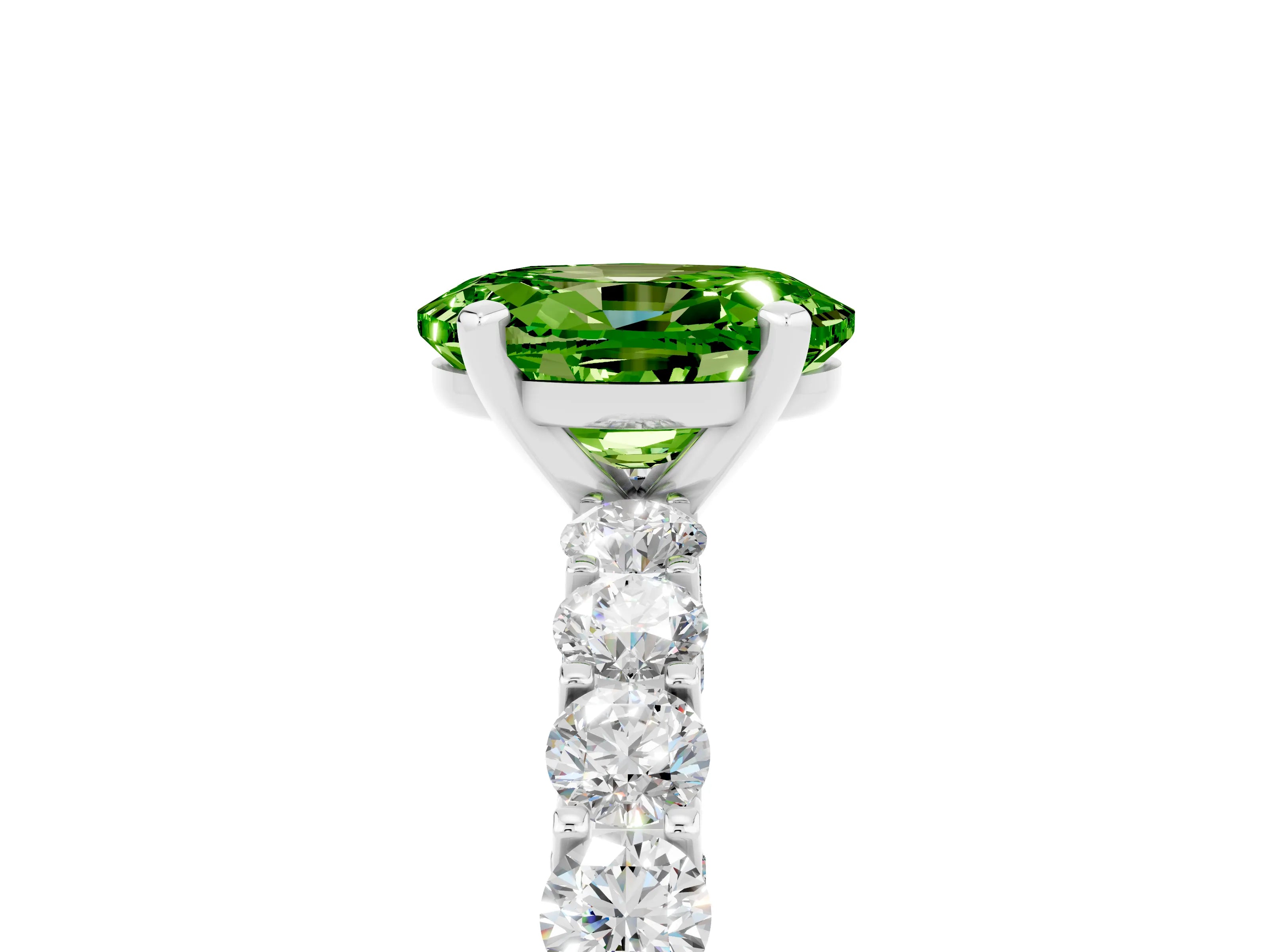 White gold Oval Cut Peridot Solitaire Ring with Shared Prong Pavé Band and Four-Prong Setting_5