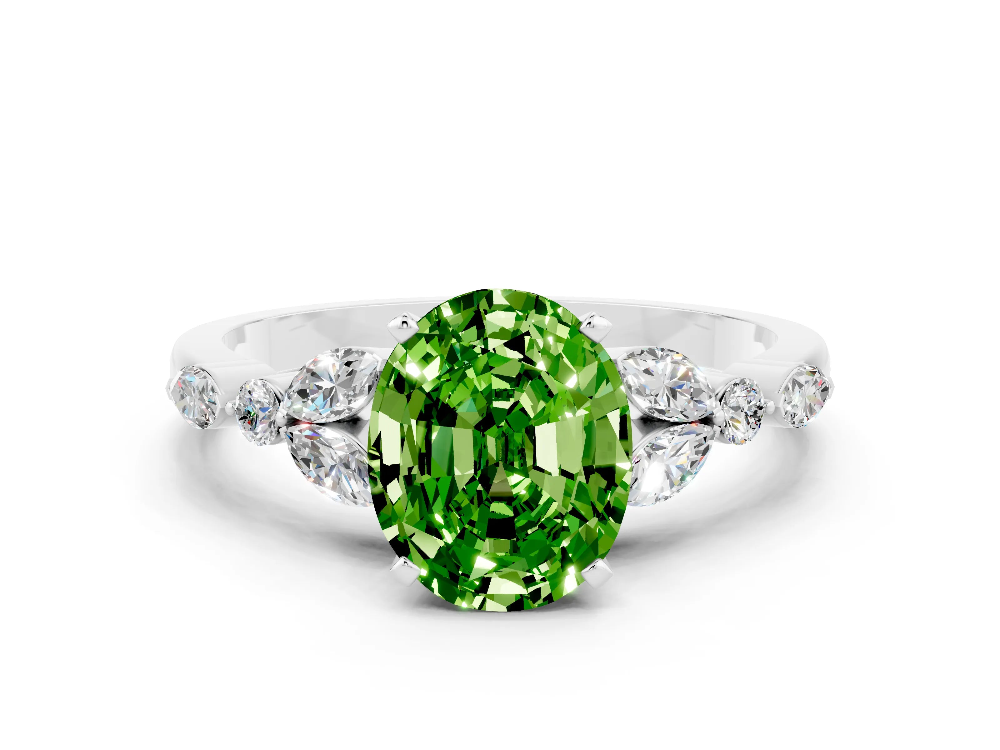 White gold Oval Cut Peridot Solitaire Ring with Side Stones and Four-Prong Setting_24