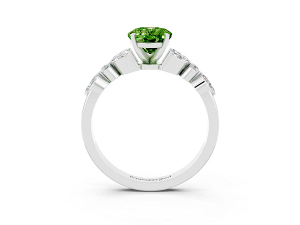 White gold Oval Cut Peridot Solitaire Ring with Side Stones and Four-Prong Setting