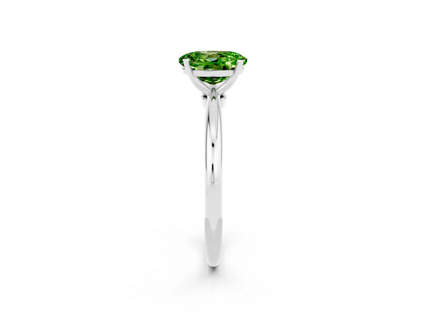 Platinum Oval Cut Peridot Solitaire Ring with Six-Prong Setting and Classic Band