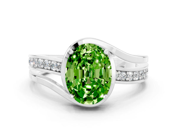 Platinum Oval Cut Peridot Solitaire Ring with Split Shank and Prong Setting