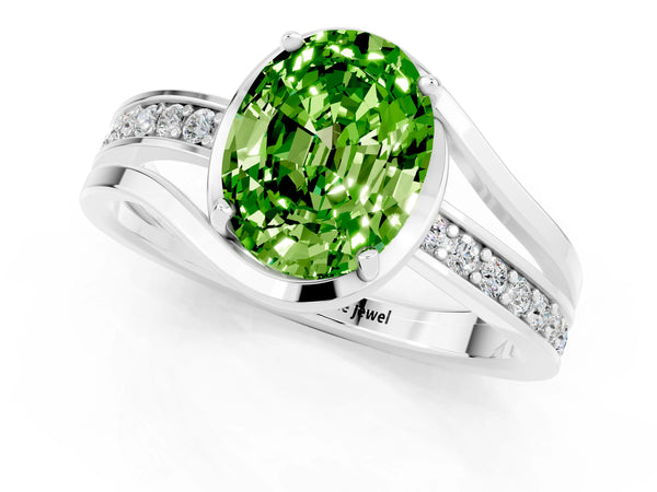 Platinum Oval Cut Peridot Solitaire Ring with Split Shank and Prong Setting