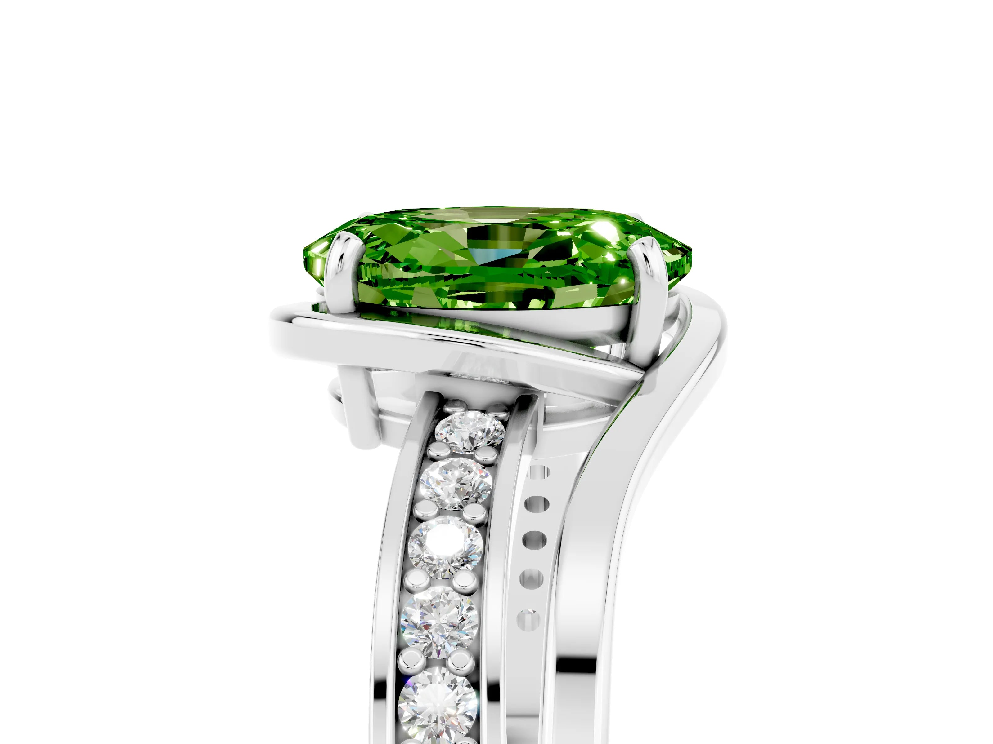 White gold Oval Cut Peridot Solitaire Ring with Split Shank and Prong Setting_5