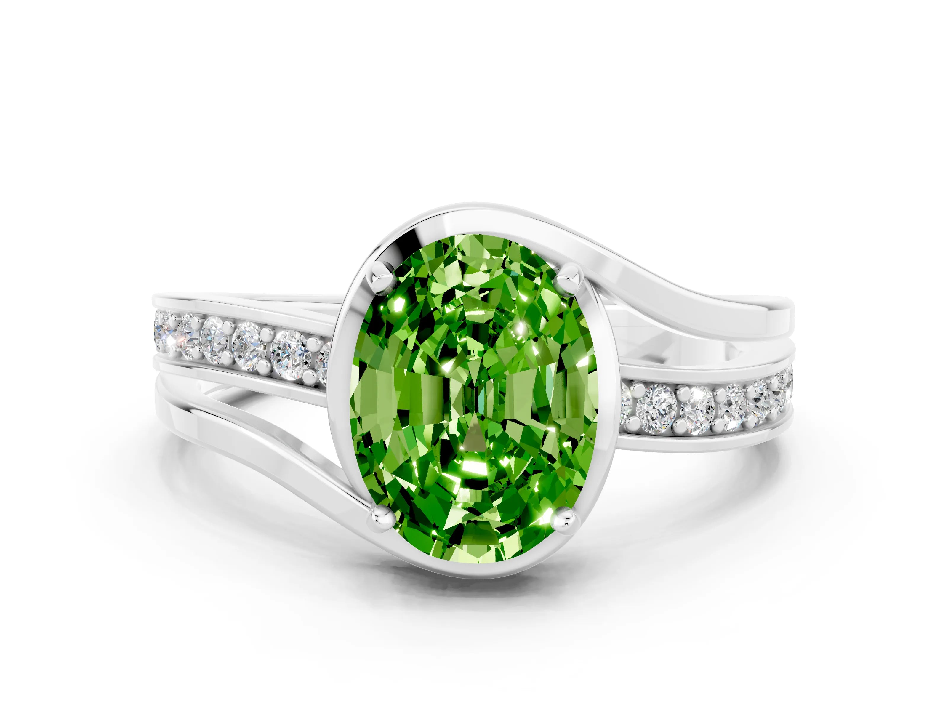 White gold Oval Cut Peridot Solitaire Ring with Split Shank and Prong Setting