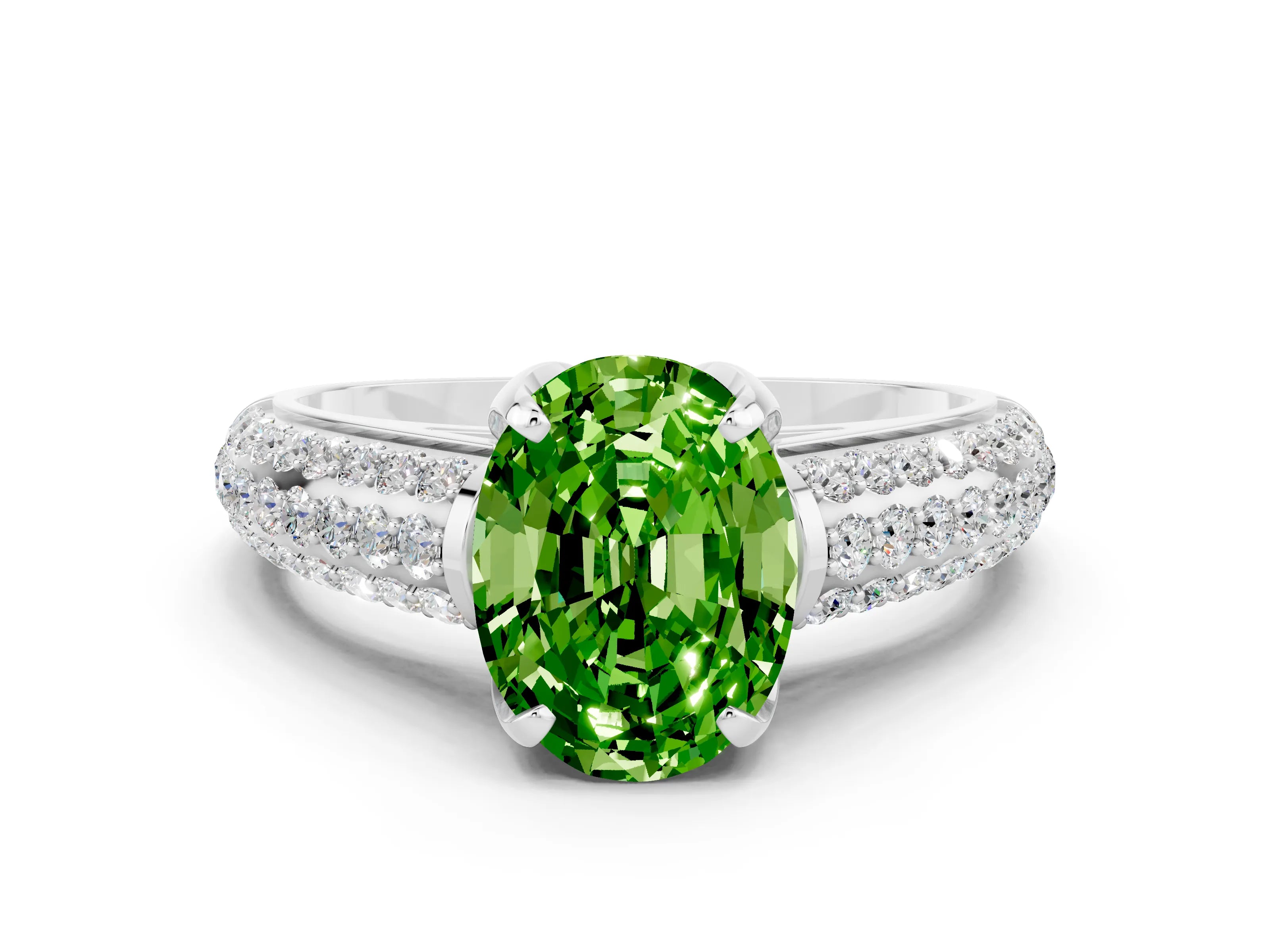 White gold Oval Cut Peridot Solitaire Ring with Three-Row Pavé Band and Four-Prong Setting_12