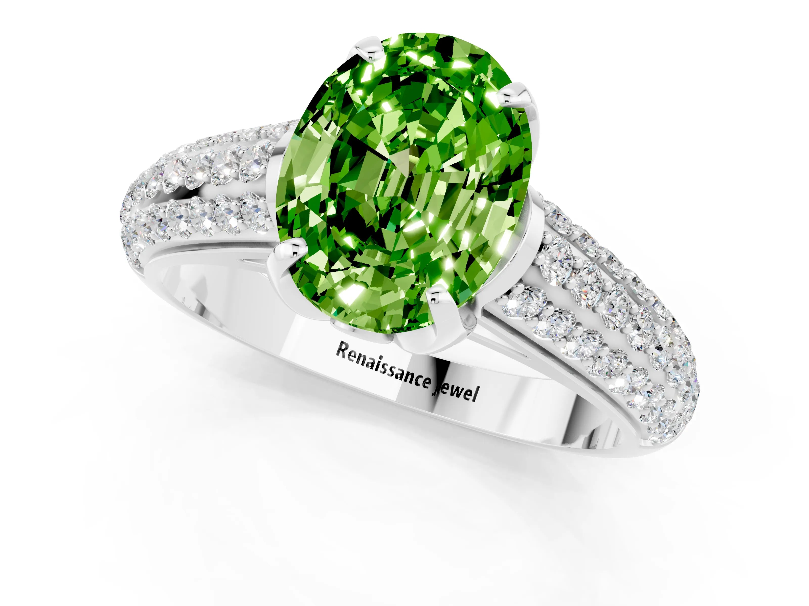 White gold Oval Cut Peridot Solitaire Ring with Three-Row Pavé Band and Four-Prong Setting_13