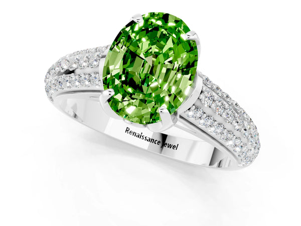 White gold Oval Cut Peridot Solitaire Ring with Three-Row Pavé Band and Four-Prong Setting