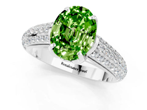 White gold Oval Cut Peridot Solitaire Ring with Three-Row Pavé Band and Four-Prong Setting_13
