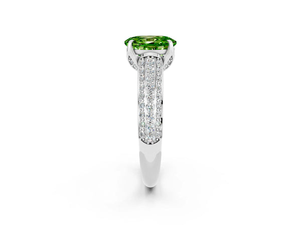 Silver Oval Cut Peridot Solitaire Ring with Three-Row Pavé Band and Four-Prong Setting