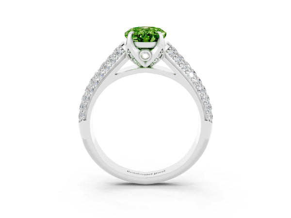 Silver Oval Cut Peridot Solitaire Ring with Three-Row Pavé Band and Four-Prong Setting