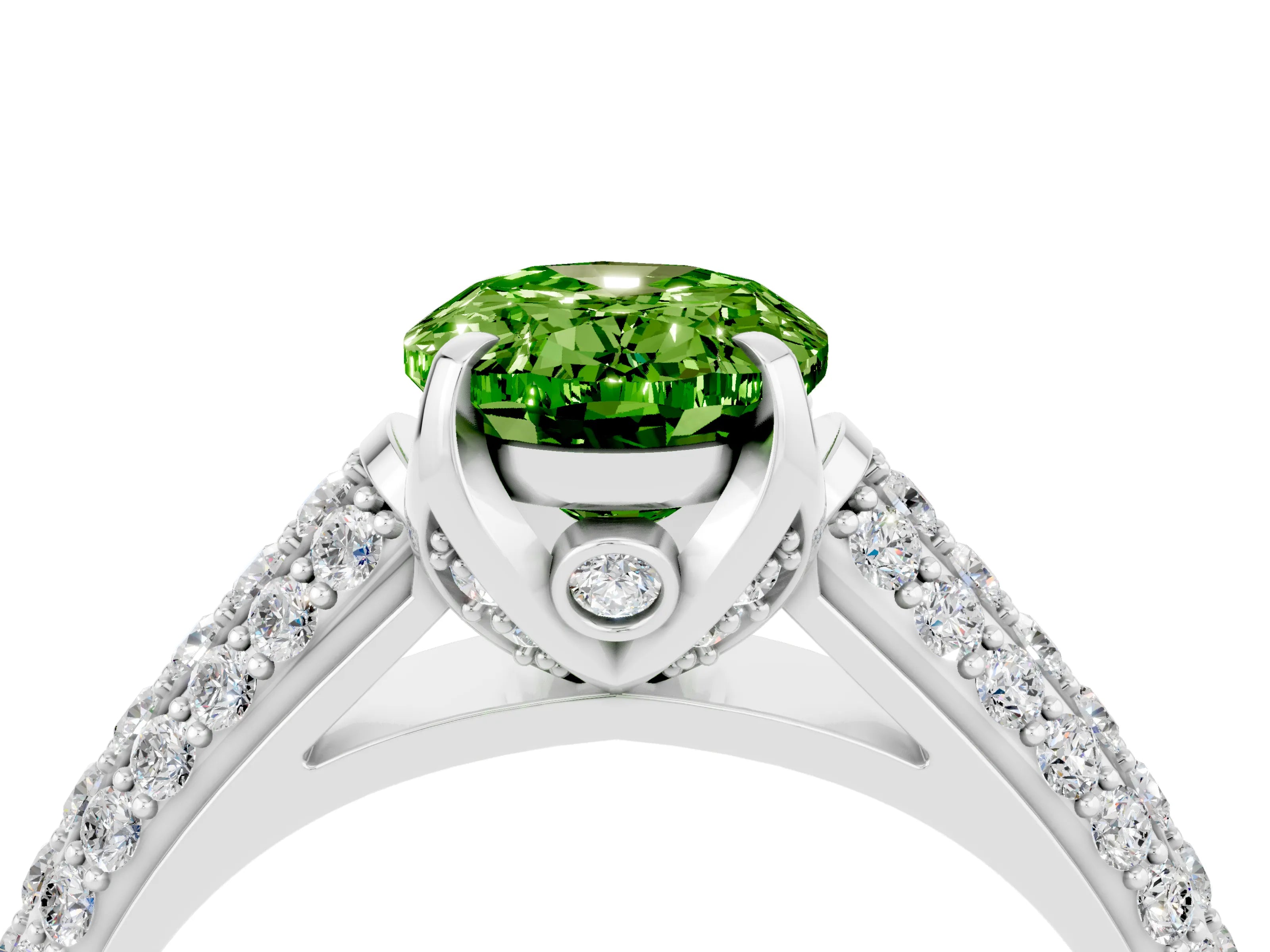 White gold Oval Cut Peridot Solitaire Ring with Three-Row Pavé Band and Four-Prong Setting_16