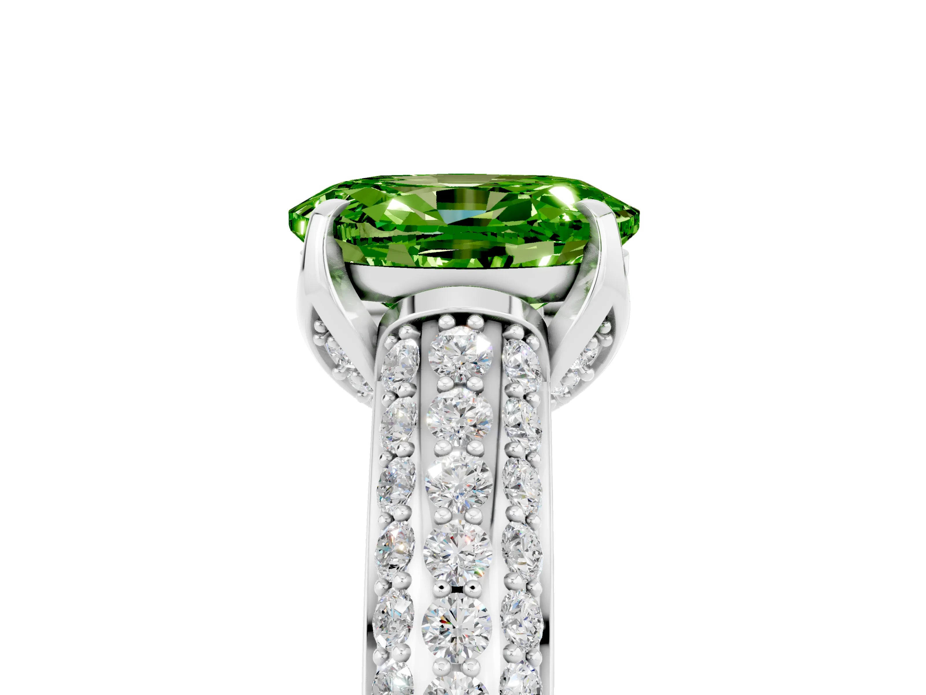 White gold Oval Cut Peridot Solitaire Ring with Three-Row Pavé Band and Four-Prong Setting_17