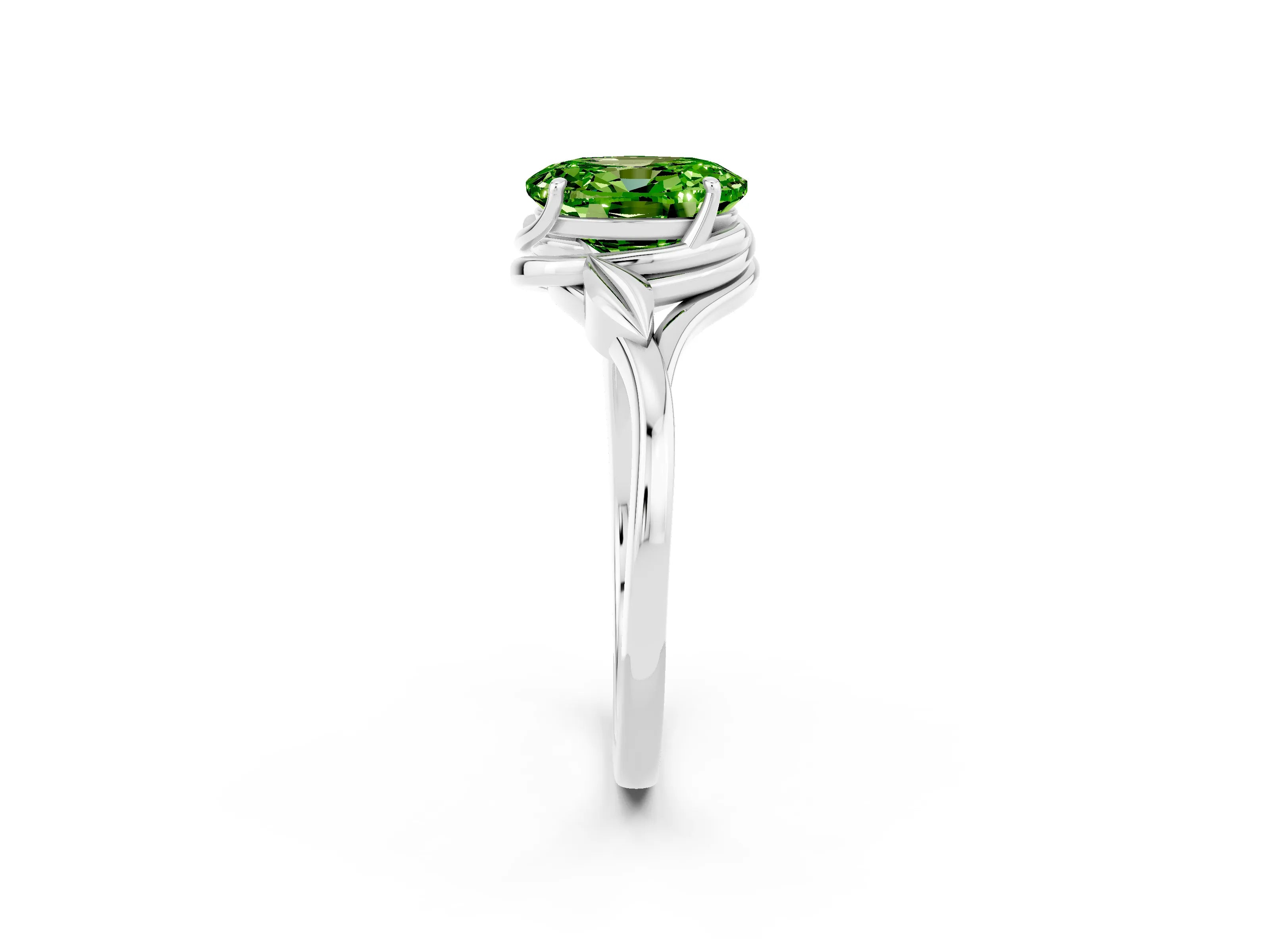 White gold Oval Cut Peridot Solitaire Ring with Twist Band and Four-Prong Setting_14