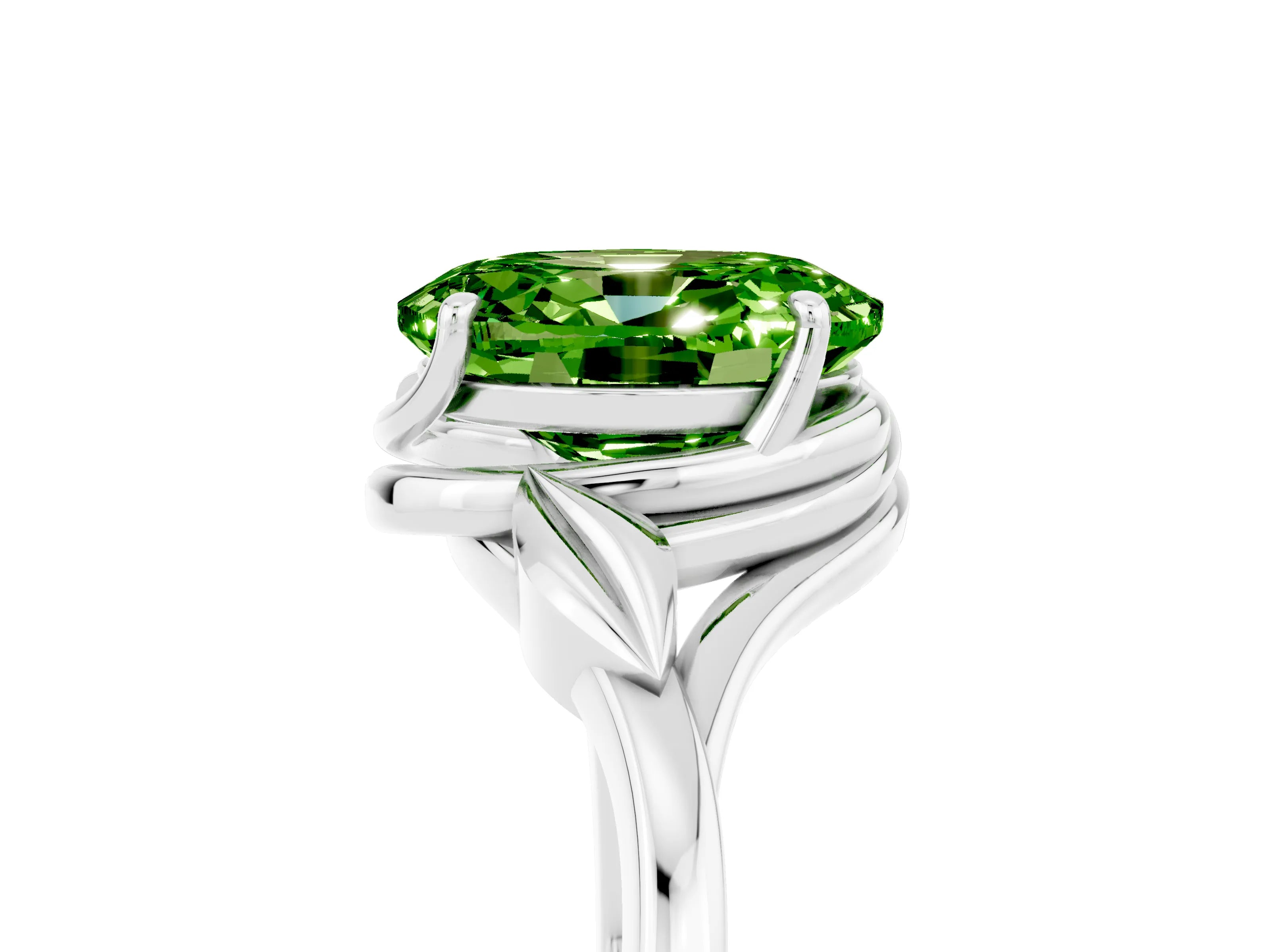White gold Oval Cut Peridot Solitaire Ring with Twist Band and Four-Prong Setting_17