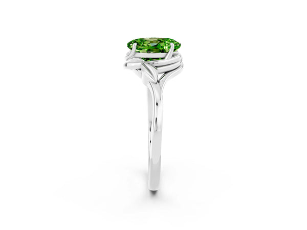 White gold Oval Cut Peridot Solitaire Ring with Twist Band and Four-Prong Setting