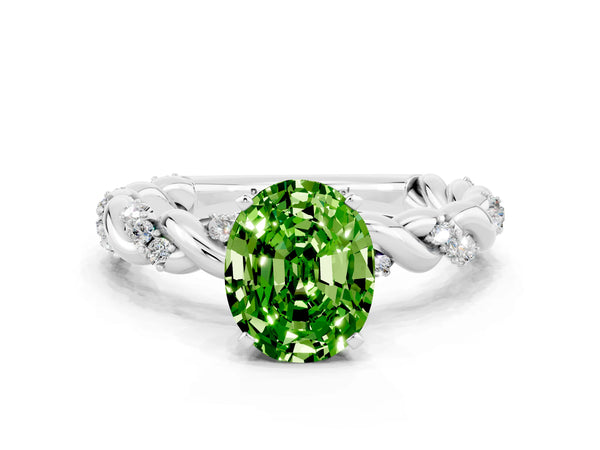 Platinum Oval Cut Peridot Solitaire Ring with Twisted Band and Pavé Accents