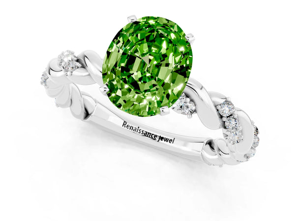 White gold Oval Cut Peridot Solitaire Ring with Twisted Band and Pavé Accents