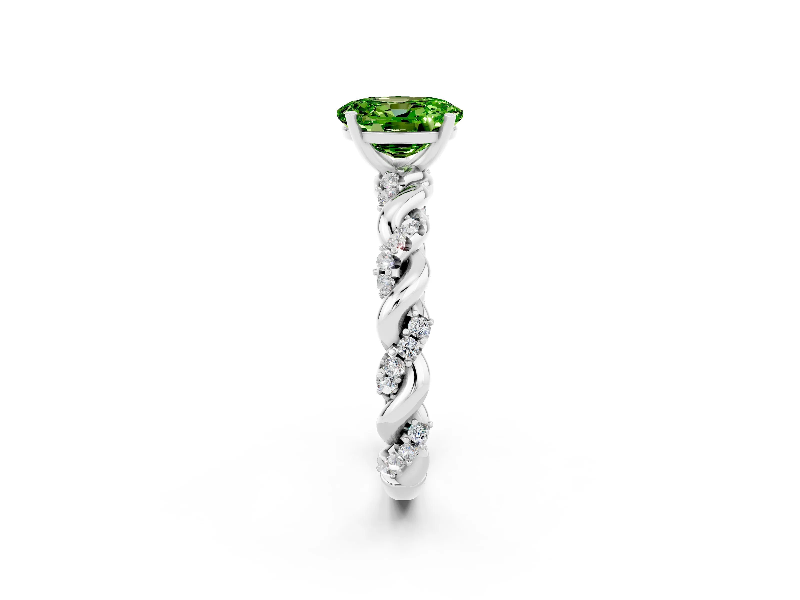 White gold Oval Cut Peridot Solitaire Ring with Twisted Band and Pavé Accents_2