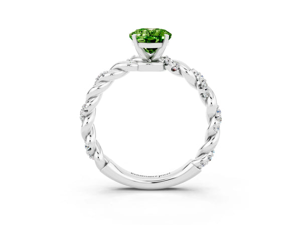 Platinum Oval Cut Peridot Solitaire Ring with Twisted Band and Pavé Accents