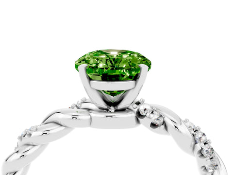 White gold Oval Cut Peridot Solitaire Ring with Twisted Band and Pavé Accents_4