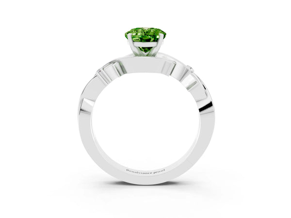White gold Oval Cut Peridot Solitaire Ring with Twisted Band and Prong Setting