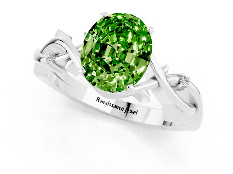 White gold Oval Cut Peridot Solitaire Ring with Twisted Band and Prong Setting_1