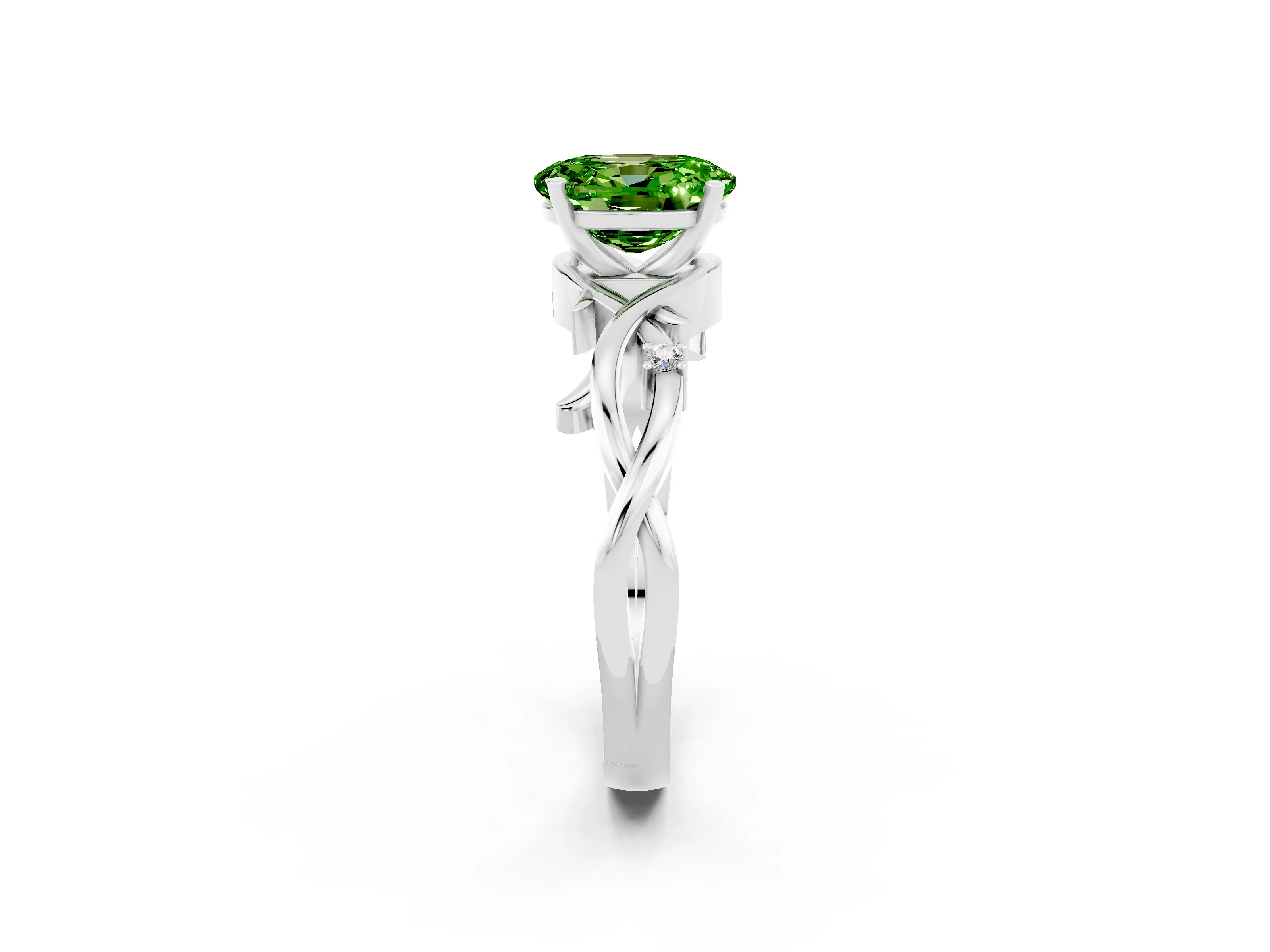 White gold Oval Cut Peridot Solitaire Ring with Twisted Band and Prong Setting_2
