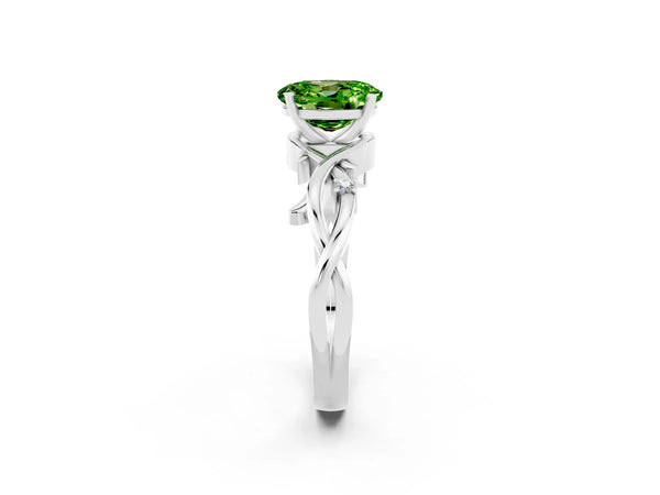 Platinum Oval Cut Peridot Solitaire Ring with Twisted Band and Prong Setting